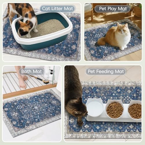 Cat Litter Mat Litter Trapping Mat, 24"x15" Waterproof Urine Proof Litter Box Mat Catcher Mat Non-Slip Washable for Kitty Kitten, Navy