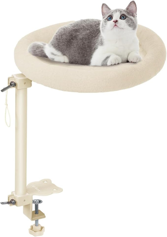 Cat Desk Bed,Steel Cat Bed for Desk,Up and Down Available,360° Rotating, Shelf Height Adjustable, Desktop Attachment Cats Nest Perch Hammock for Office Game Tables, Supports 40lb(Beige)