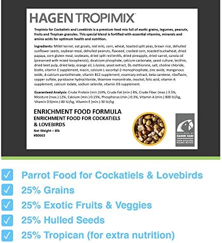 Hari Tropimix Bird Food for Cockatiels and Lovebirds, Hagen Parrot Food with Seeds, Fruit, Vegetables, Vitamins & Amino Acids, 8 Pound (Pack of 1)