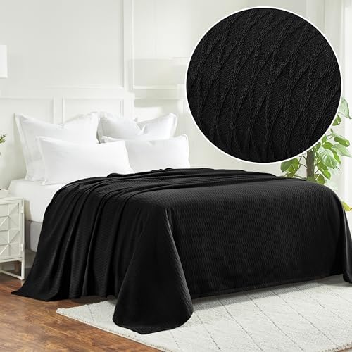 Superior Diamond Weave All-Season Cotton Blanket, Cover for Home, Couch, Bed, Soft, Warm Blankets, Boho Aesthetic, Comfy, Cozy, and Cute Covers, Decorative Bedding Essentials, Full/Queen, Black