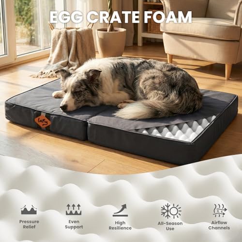 Laifug Foldable Waterproof Dog Bed for Large Dogs - Outdoor Orthopedic Dog Bed with Washable Removable Cover, Pet Mattress with Handles, Elephant Grey, (44 x 32 x 3.5 inches)