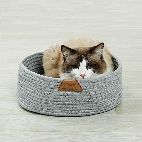 Cat Bed Basket Nest Round Cotton Rope Woven Warm Medium,Pet Sleeping Bed House Cute Fun Scratcher Scratching Scratch Mat Pad for Puppy Small Dogs Indoor Play Eco Washable Winter Summer (Gray)