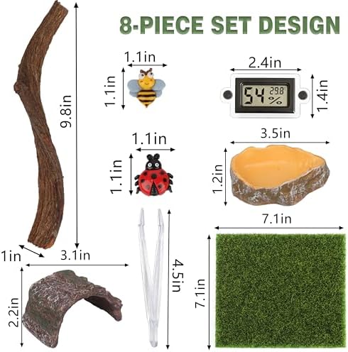 Jumping Spider Enclosure Accessories Kit, 8-in-1 Tarantula Decor Set with Magnetic Ledge, Hide, Food Dish, Thermometer, Branches, Miniatures for DIY Habitat (Tank Not Included)
