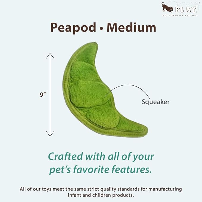 P.L.A.Y. Cute Plush Dog Toys - Fruit & Vegetable Themed Durable Squeaker Chew Toy, Great for Puppies & Small, Medium, Large Dogs - Machine Washable, Recycled Materials (Garden Fresh Peapod, Medium)