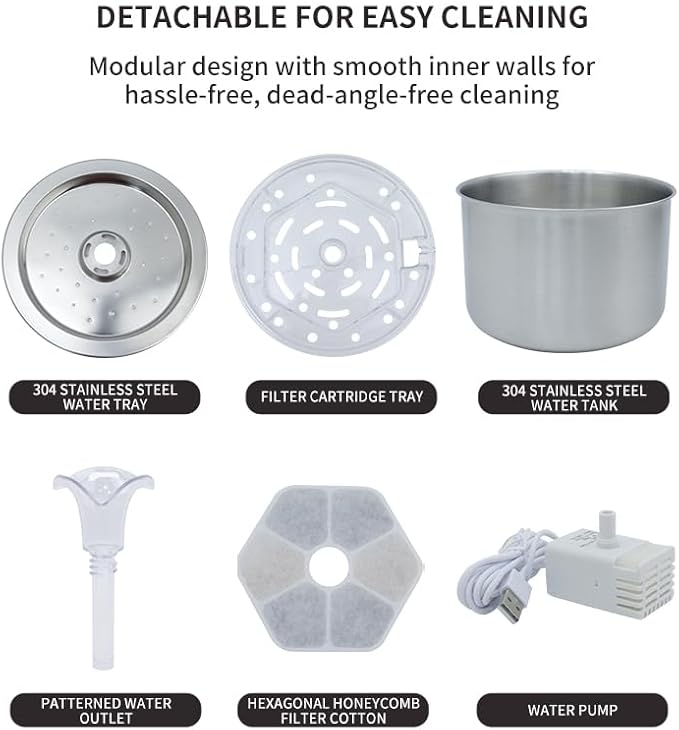 Cat Water Fountain Stainless Steel, 74oz/2.2L Automatic Pet Fountain with USB Pump & Replacement Filters, Ultra Quiet Indoor Water Dispenser for Cats, LED Monitoring Water Level