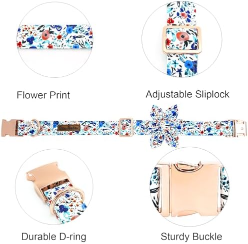 Dog Collar-Flower Print Adjustable Cute Pet Collar Soft Blue Floral Dog Collars with Flower Durable Cotton Metal Buckle Puppy Collar Gift for Large Dogs