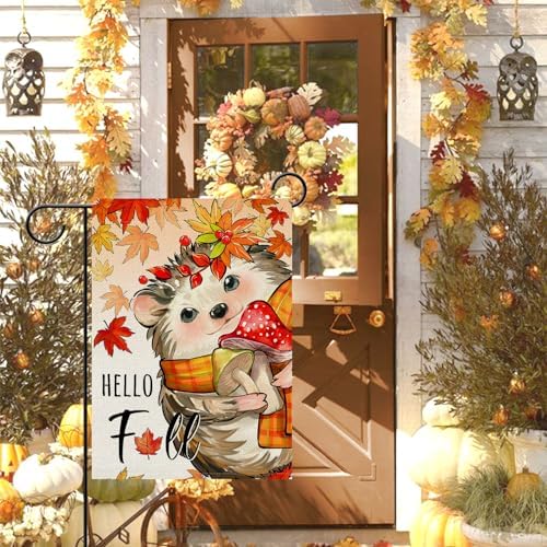 Dyrenson Hello Fall Hedgehog Decorative Garden Flag, Autumn Maple Leaves