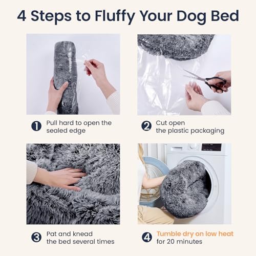 JOLLYVOGUE Calming Dog Beds Extra Large Sized Dog, 45in Donut Washable Large Pet Bed, Anti-Slip & Anti-Anxiety Fluffy Faux Fur Round Dogs Bed, Fits up to 125 lbs Pets (Smoke Black)