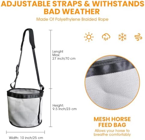 Horse Feed Bag, 2 Pack Heavy Duty Nylon Muzzle Grain Feed Bag with Adjustable Elastic Strap, Mesh Feed Bags with Durable Waterproof Bottom Muzzle Comfort Neck Pad for Horse