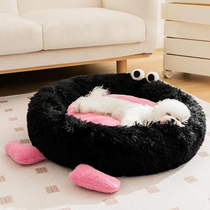 Calming Dog Cat Bed, Anti-Anxiety Donut Warming Cozy Soft Round Bed, Machine Washable, Fluffy Faux Fur Plush Cushion Bed for Small Medium Dogs and Cats
