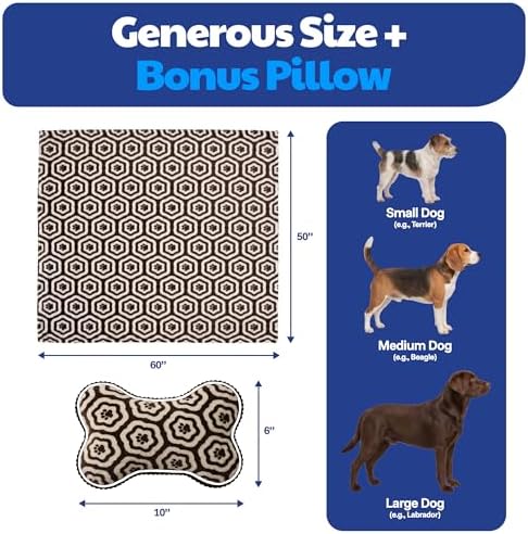 American Kennel Club 60''x50'' Pet Blanket & 10'' Pillow Set, Warm Plush Blanket for Dogs & Cats - Paw Print - Brown