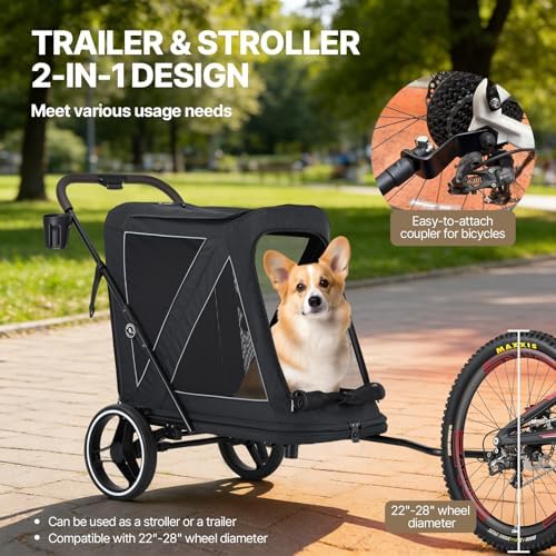 Beberoad 2-in-1 Dog Stroller & Bike Trailer for Large Dogs, R7 All-Terrain Pet Stroller with ER Tires & Shock Absorption, One-Second Fold, 360° Mesh Ventilation, Detachable Washable Waterproof Fabric