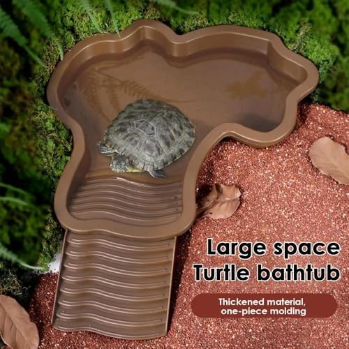 Extra Large Reptile Bathing Pool Reptile Feeding Dish Water Bowl with Ramp Aquarium Ornament for Gecko, Snake, Turtle, Bearded Dragon, Lizard Bath (Brown Yellow)