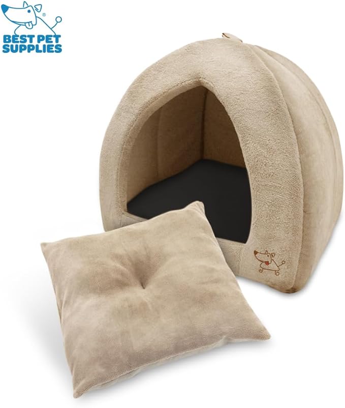 Best Pet Supplies Cat Bed for Indoor Cat, Domed Tent House with Removable Pillow, Covered Cat Cave for Small Dog, Puppies and All Breeds of Cats - Tan, 18 x 18 x H:16"