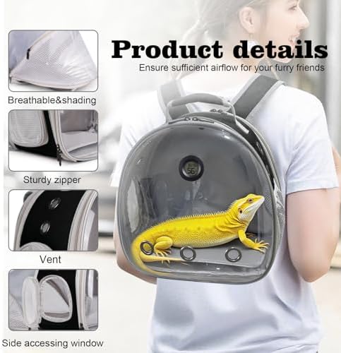 Back Extention Bearded Dragon Travel Backpack Carrier with Reptile Thermometer and Humidity Gauge Lizard Travel Cage Space Capsule Clear Bubble Window Astronaut Reptile Carrier Bag for Ball Python