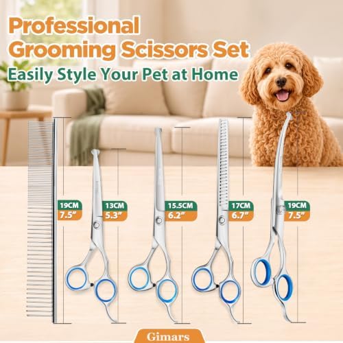 Gimars Cordless 4 Speed 7000rpm Dog Clippers with 6 in 1 4CR Stainless Steel Dog Grooming Scissors Kits, Low Noise 55db Rechargeable Pet Hair Thick Coat Trimmer Cat Shaver Clippers Kit for Cat Pet