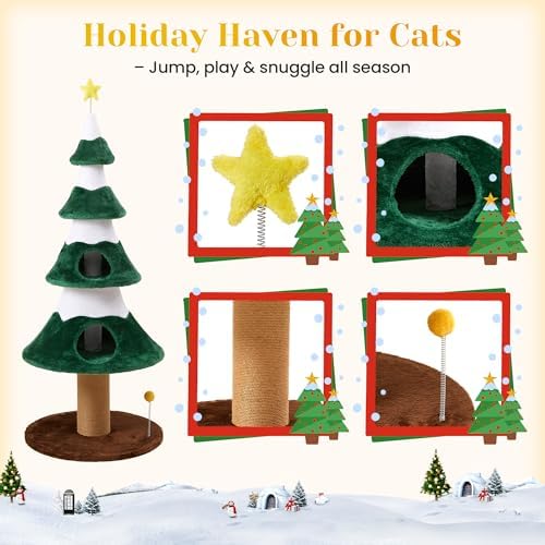 62" Cat Tower for Indoor Cats, Multi-Level Wooden Cat Tree with Sisal Scratching Posts, Cozy Cat Beds & Modern Holiday Design, Green