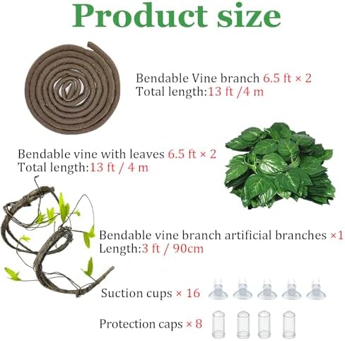 5Pcs Reptile Vines for Terrarium 13FT Flexible Jungle Climbing Vine Branch for Bearded Dragon Plastic Plants and Leaves Tank Accessories Decor for Gecko Lizard Snake Chameleon Hermit Crab Frog