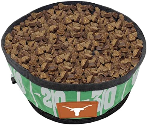 Pets First NCAA Texas Longhorns Collapsible Dog Travel Bowl, Food and Water Bowl for Dogs & Cats. Lightweight Leak-Proof Pet Bowl for Travel with Football Field & Pebble-Grain Design
