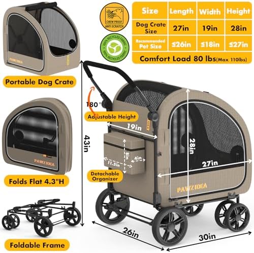 PAWZIDEA 3-in-1 Large Dog Stroller with Detachable Carrier, 45% Extra Tall