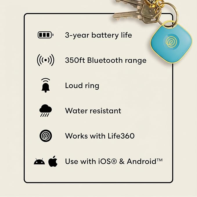 Life360 Tile - Bluetooth Tracker, Keys Finder and Item Locator for Keys, Bags and More. Phone Finder. Both iOS and Android Compatible. 1-Pack (Aqua Lemon)