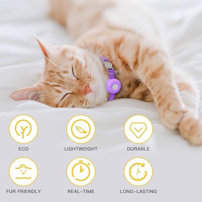 Cat Tracker,No Monthly Fee GPS Trackers for Cats Work with Apple Find My App(iOS Only),Real-Time Location Tracking,Cat Tracker GPS Collar with Safety Elastic Buckle-Purple