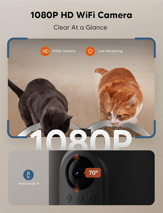 WOPET Automatic Cat Feeder with Camera for Two Cats, 6L Automatic Dog Feeder with HD Video and Night Vision, 5G/2.4G WiFi Pet Feeder for Cats & Dogs, SD Card Storage & 2-Way Audio