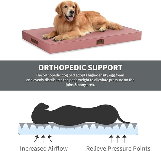 Outdoor Extra Large Dog Bed, Jumbo Waterproof Dog Bed for Large Dogs, Orthopedic Egg Crate Foam Pet Mat with Removable Oxford Cooling Cover, Pink