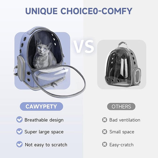 Cawypety Cat Backpack Carrier, Breathable Cat Carrier Large Space Bubble Pet Backpack for Kitty Small Dog up to 12lbs, Transparent & Foldable Pet Carrier for Travel Hiking (Blue