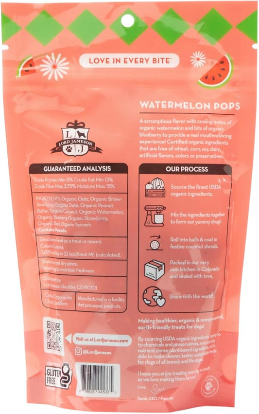 Lord Jameson Watermelon Pops Organic Dog Treats, Organic Dog Treats Made with Real Watermelon, 6 oz. Bag