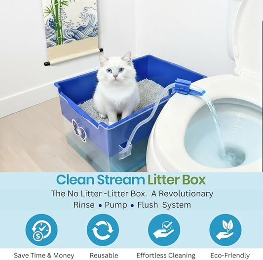 Clean Stream Cat Litter Box – No Litter System, Rinse & Drain Design, Mess-Free, Reusable Natural Gravel, No Tracking, Easy Clean