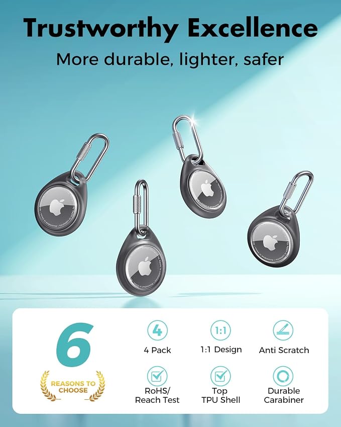UNBREAKcable for AirTag Holder Case with Professional Carabiner, 4 Pack | Waterproof, Shockproof, Hold Securely, Easy to Install, Protective AirTag Keychain for Keys, Pets, Luggage-Trans Black