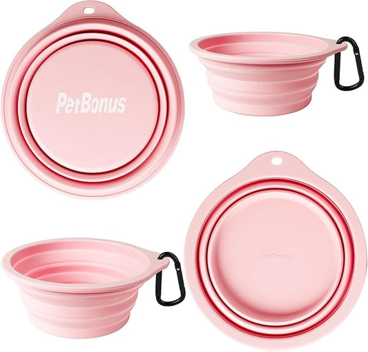 PetBonus 2-Pack Silicone Collapsible Dog Bowls, BPA Free Dishwasher Safe, Portable Foldable Expandable Travel Bowl, Food Water Feeding Cup Dish for Dogs Cats with 2 Carabiners (Grey, Chalk Pink)