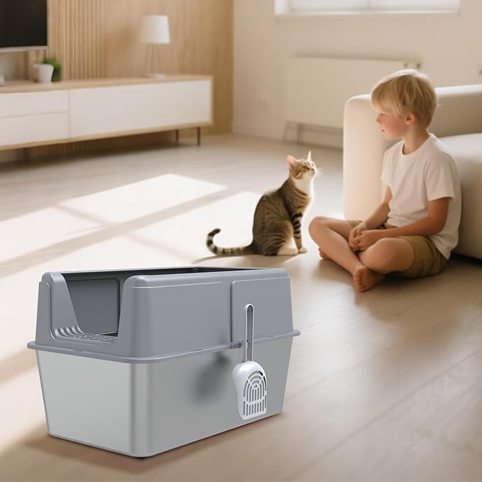 Stainless Steel Litter Box with Lid,14” XXL Litter Metal Litter Box with High Sided, Anti-Urine Leakage, Easy Cleaning & Odor-Less, Include Scoop