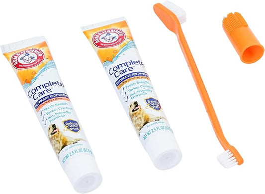 Arm & Hammer Complete Care Dog Dental Kit with Two Flavors: Chicken & Peanut Butter Enzymatic Dog Toothpaste, Toothbrush, & Finger Brush, Baking Soda + Calcium, 2.5oz Each
