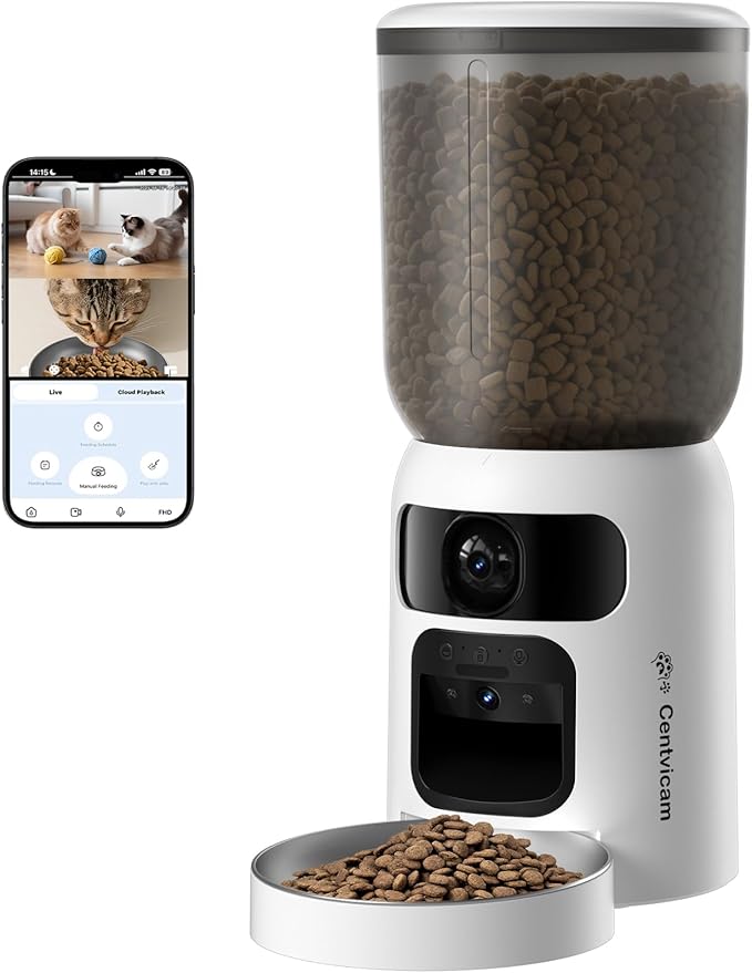 Automatic Cat Feeder with Two Camera: 5G WiFi Automatic Dog Feeder with Laser Pointer, 6L Automatic Cat Food Dispenser with Night Vision for Multiple Pet, Detachable for Easy Clean -24 Cup