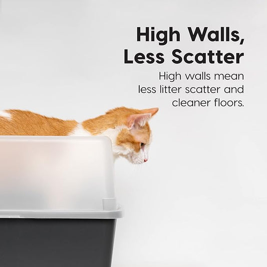 IRIS USA Open Top Cat Litter Box with Scoop and Scatter Shield, Black + 44oz / 1.3L Cat Water Fountain Bundle, Two Flow Options Silent Replaceable Charcoal Filter, White/Blue