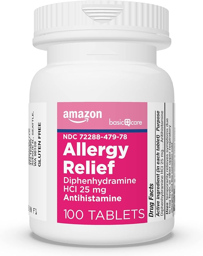 Amazon Basic Care Allergy Relief Diphenhydramine HCl 25 mg, Antihistamine Tablets for Symptoms Due to Hay Fever and Upper Respiratory Allergies, Mini-Tabs, 100 Count