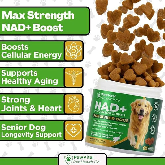 NAD+ Precursor Chews for Senior Dogs – Cellular Energy, Longevity & Cognitive Support – Nicotinamide Riboside, Resveratrol, Quercetin, Glucosamine, Omega-3 – Made with Real Chicken – 90 Count