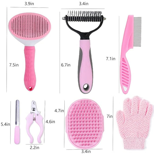 7 PCS Dog Brush Dog Grooming Kits,Dog Shedding Brush,Self-Cleaning Brush with Nail Clipper, Flea Comb and Shampoo Bath Brush