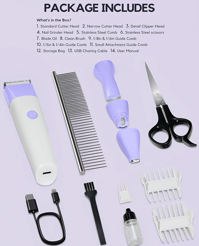 Dog Clippers Grooming Kit, 4 in 1 Quiet Cordless Dog Paw Trimmer & Nail Grinder, Small Cat Clippers Electric Rechargeable Low Noise Pet Shaver for Trimming Hair on Paw Eye Ear Face (Purple)