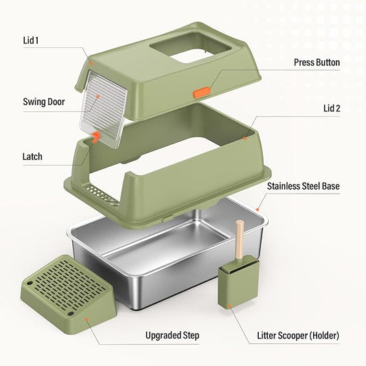 Removable Stainless Steel Cat Litter Box with lid, Front & Top Entry Kitty LitterBox,Cat Litter Box Enclosure, XL Extra Large High-Sided Metal Cat Box with Scoop,Mat,Footboard (Green)