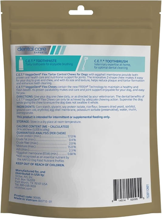 Virbac C.E.T.® VEGGIEDENT® Flex Tartar Control Chews for Dogs - Multifunctional to Support Joint Health, VOHC Approved - Extra Small Under 11lbs