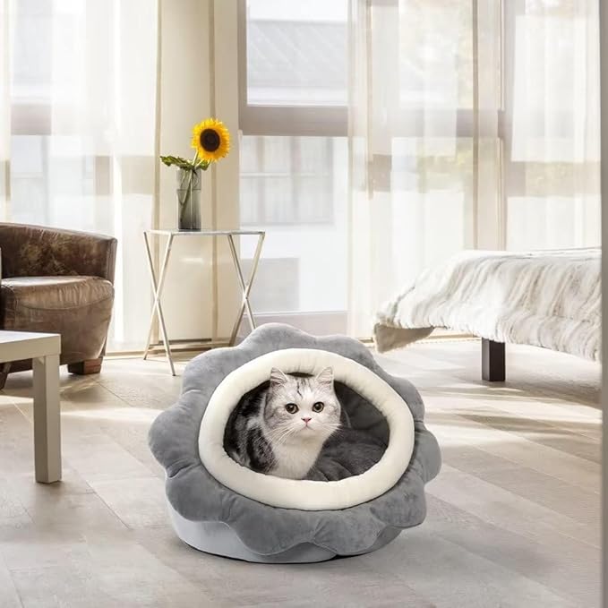 Cat Beds for Indoor Cats - Small Cat Bed with Anti-Slip Bottom, Sunflower-Shaped Cat/Dog Cave with Hanging Toy, Puppy Bed with Removable Cotton Pad, Super Soft Calming, Multiple Sizes(Grey M)