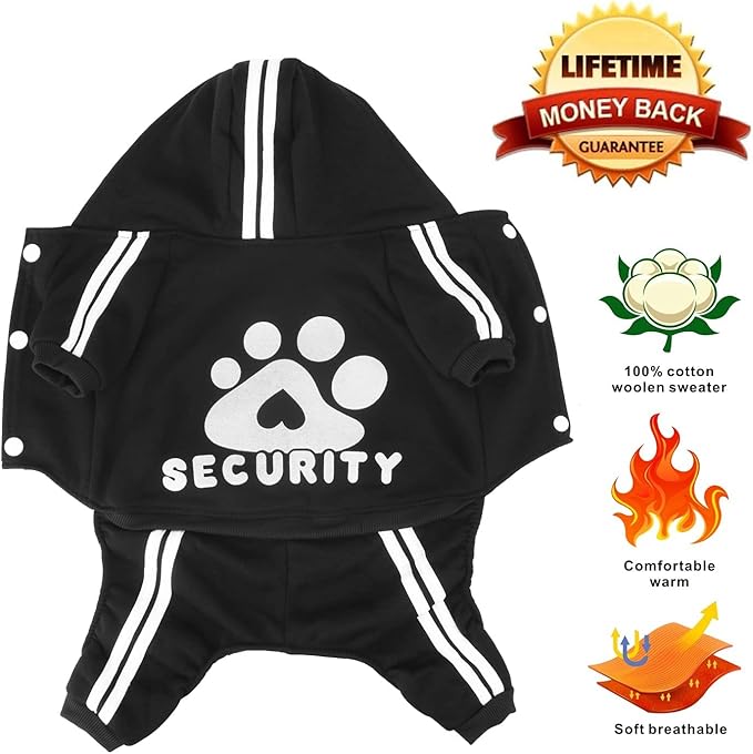 Dog Hoodie Security Clothes 4 Legs Jumpsuit Sweatshirt Hoodies Soft & Warm Dog Outfit Pullover Dog Winter Clothes Sweater for Small Medium Large Dogs Cats (Black, Medium)