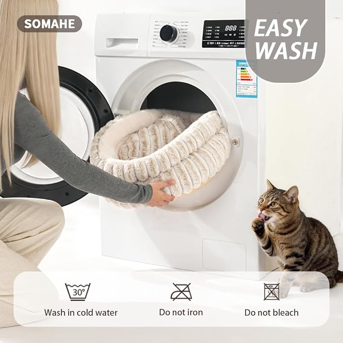 Cat Bed, Round Plush Faux Fur Donut Cuddler – Machine Washable Calming Cat Bed for Indoor Cats & Kittens, Removable Cushion Non-Slip Fluffy Kitten Bed, Cozy Small Cat Nest, 20" Inch White