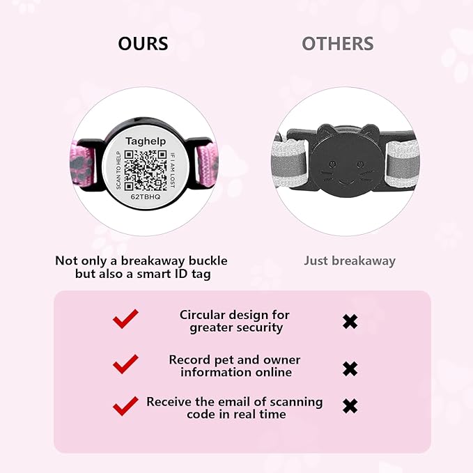 Waterproof Breakaway Cat Collar with Paw Prints - Secure Apple AirTag Holder, Smart QR Code Tag for Instant Location Alerts (No App), Adjustable GPS Tracker Collar for Cats (Pink)