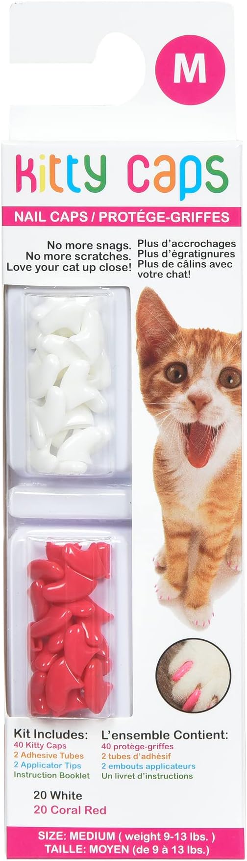 Kitty Caps Nail Caps for Cats, Pure White & Coral Red - Safe, Stylish & Humane Alternative to Declawing Stops Snags & Scratches, Medium (9-13 lbs), 40 Count - 3 Pack