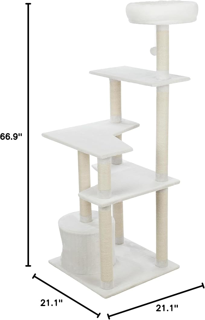 TRIXIE Seli Cat Tree โ Cat Tower with Sisal Posts, Condo, Padded Platforms & Hanging Toy โ Cat Furniture for Indoor Cats โ Cream, 21.1" x 21.1" x 59.1"