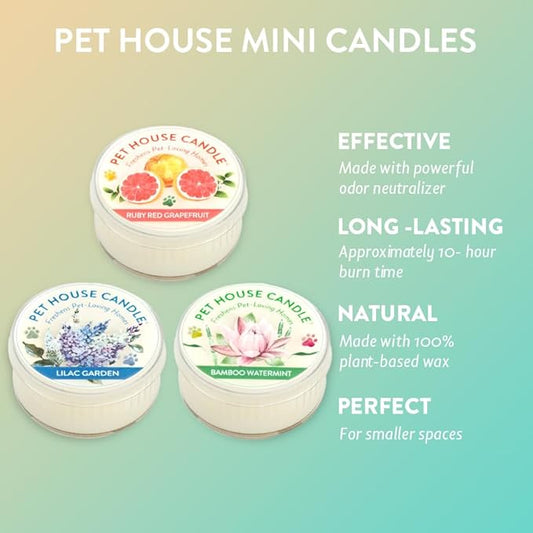 Pet House Mini Candles for Pet Odor Made with Natural Soy Wax, Plant Based, Dog and Cat Friendly Scented Candles, Floral Variety Pack of 3